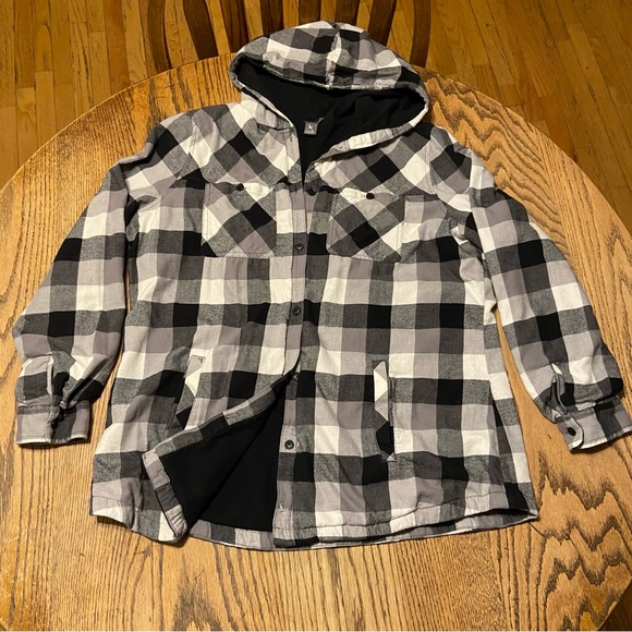 Black and White Plaid Eddie Bauer Hooded Button Up Shirt - Picture 1 of 10